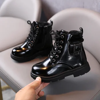 Çocuk Botları İngiliz Tarzı Siyah Pu Deri yarım çizmeler 2023 Sonbahar Yeni Moda Öğrenci Erkek Kız Çizmeler Çocuklar Sneakers Sapato