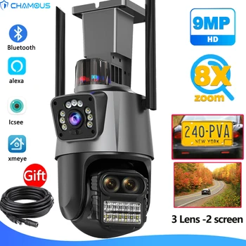 9MP WiFi Kamera Açık 4K Güvenlik Kamera 8X Zoom Video Gözetim Üç Lens Çift Ekran CCTV İCsee NVR Alexa Sokak Kamera P2P
