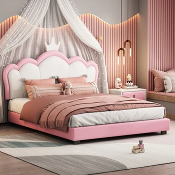 Modern Sevimli Pembe Döşemeli Prenses Yatak Taç Başlık, Tam Boy platform yatak Başlık ve Ayaklı, Yatak Odası İçin