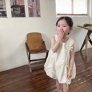 2023 Yaz Yeni Kız Elbise Kore Versiyonu Moda Tüm Maç Güzel Tatlı İlmek Rahat Çocuk Kolsuz Diz Boyu
