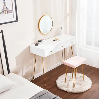 Tuvalet Masası Yatak Odası makyaj masası sandalyesi Seti Minderli Tabure Duvara Monte Ayna 3 Çekmeceli Altın Firkete Bacaklar makyaj masası