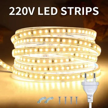 LED Şerit ışıklar 220v Yüksek Parlaklık Esnek LED 220v Bant Su Geçirmez Şerit Yapıştırıcı ile Açık bahçe aydınlatması