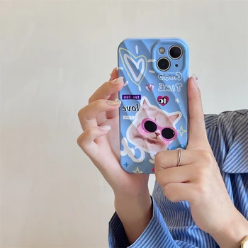 Kore sevimli Aşk kalp pembe gözlük kedi 3D katlanır silikon telefon kılıfı için iPhone 11 12 13 14 Pro Max Komik yaratıcı karikatür kapak