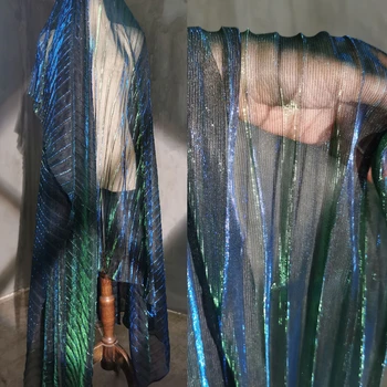 Tavuskuşu yeşil mavi ışık perspektif lazer flaş Organ pilili pilili örgü kumaş Hanfu kumaş giyim tasarımcısı kumaş