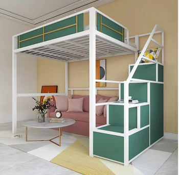 Yükseltilmiş yatak Modern tek katlı demir sanat küçük daire çok fonksiyonlu yerden tasarruf sağlayan yurt yatak