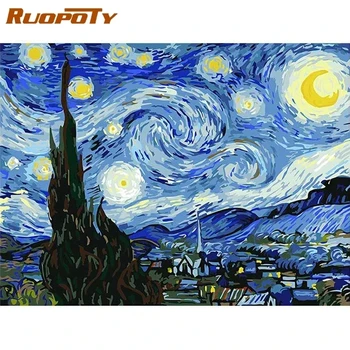 RUOPOTY Çerçeve Sayılar Tarafından DIY Boyama Van Gogh Yıldızlı Gökyüzü Resim By Numbers Manzara Duvar Sanatı Akrilik Boya Ev duvar süsü