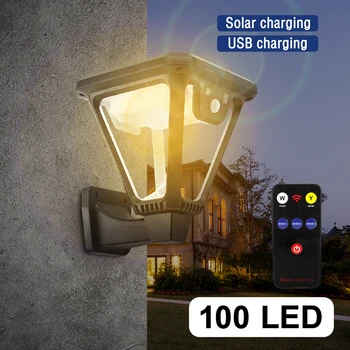 100 LED güneş fener açık güneş duvar ışıkları 2 renk 360° açı aydınlatma güneş Moiton sensörü LawnLights ile USB şarj