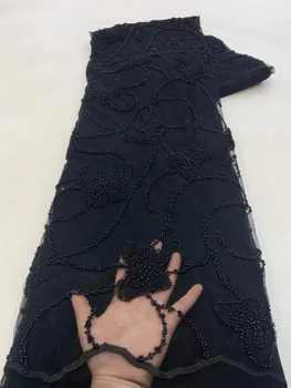 3D İşlemeli Dantel Payetli parıltılı kumaş Fransız Aplike Net 2023 Yüksek Kaliteli Nijeryalı Örgü Boncuklu Afrika Tül Dizisi