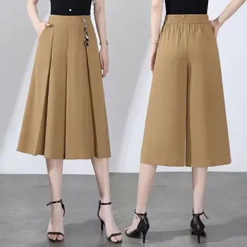 2023 Yeni Yaz Moda Pilili Düz Renk Elastik Bel Geniş Bacak Pantolon Bayanlar Sadelik Gevşek Buzağı Uzunlukta Pantolon kadın kıyafetleri