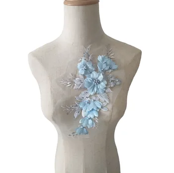 Beyaz Mavi Pembe Boncuklu Nakış Aplike Çiçek Yama Dikiş gelinlik Dekorasyon Örgü Yamalar Giyim İçin