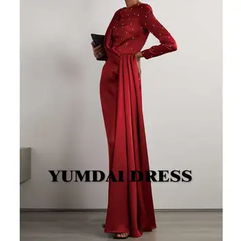 YUMDİ Kırmızı Saten Uzun Kollu FloSor uzunlukta Takım Elbise Akşam Elbise Zarif Salon Parti Lüks Elbise Bayanlar Balo Resmi kıyafeti