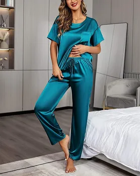 Kadın düz renk rahat yumuşak pijama gecelik kısa kollu pantolon gevşek rahat iki Parçalı Takım elbise