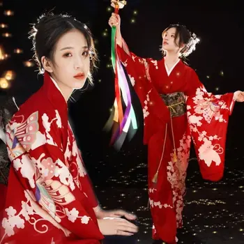 Japon Geleneksel Kimono Obi İle Kırmızı Renk Çiçek Baskılar Uzun Kollu Seksi Kadın Kızlar Yukata Cosplay Sahne Performansı Elbise