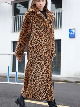 RDMQ 2023 Uzun Dış Giyim Faux Kürk Ceket Kadınlar Sonbahar Kış Parkas Kalın Yaka Leopar Palto Gevşek peluş ceket Kadın Giyim