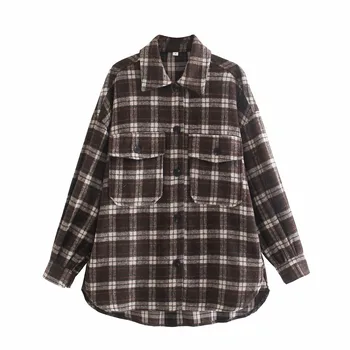 Bayan Mont Sonbahar Moda Kafes Yaka Düğmesi Gömlek Aşınması Rahat Uzun Kollu Gevşek Palto Düzensiz Hem куртка