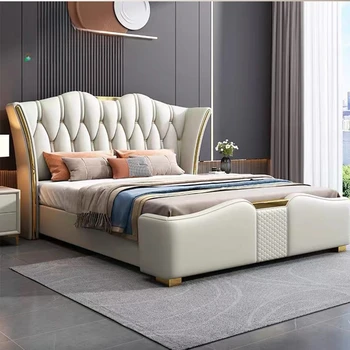 Deri yatak yatak odası mobilyası ışık lüks ev mobilyası yüksek kaliteli çift Kişilik yatak depolama alanı ile