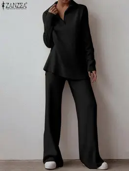 ZANZEA Moda Örme Katı Kıyafetler Sonbahar Eşleşen Setleri Uzun Kollu V Boyun Bluzlar Pantolon Kadın Rahat Kentsel Eşofman