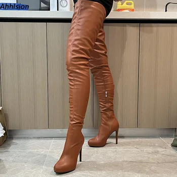 Ahhlsıon Yeni Varış Kadın Kış Diz Çizmeler Üzerinde Yan Fermuar Stiletto Topuklu Yuvarlak Ayak Kahverengi parti ayakkabıları Bayanlar ABD Boyutu 5-20