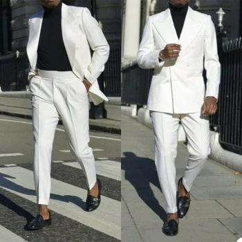 Erkekler için Slim Fit Moda 2 Parça Set Beyaz Tepe Yaka Erkek Blazer İş Düğün Damat Rahat Smokin Ceket pantolon