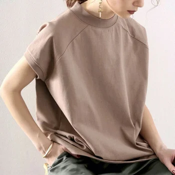Lotte Yaz Yeni kadın T-Shirt Yarım Yüksek Boyun Kısa Kollu Pamuk Gevşek Üst Japonya