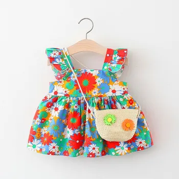 Kızların Yeni Yaz Küçük Uçan Kollu Çiçek Baskı Elbise çocuk Küçük Kare Boyun Rahat Prenses Elbise+Küçük Çanta