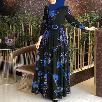Vintage Elbise 2023 Sonbahar Retro Çiçek Baskı Müslüman Elbise Bayan Moda Rayon Uzun Vestidos Casual Gevşek fırfırlı elbiseler