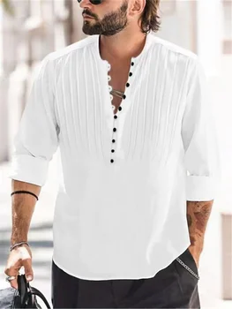 2023 Yeni erkek Casual Bluz Pamuk Keten Gömlek Gevşek Üstleri Uzun Kollu Tee Gömlek Bahar Sonbahar Rahat andsome Erkek Gömlek