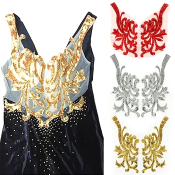2 Adet / takım Altın Pullu Dantel Kumaş Aplikler Yamalar Üzerinde Dikmek Örgü Düğün Dekorasyon Nakış DIY Gelin Akşam Elbise