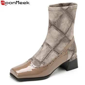 MoonMeek 2023 Yeni Moda Kadın Kare Ayak yarım çizmeler Hakiki Deri Kışlık Botlar Üzerinde Kayma Kare Yüksek Topuklu kadın ayakkabısı