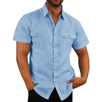 Düz Renk Pamuk Keten Gevşek Gömlek Erkekler İçin Yaz Rahat Kısa Kollu Cep Tasarım Gömlek Bluz Moda erkek Tatil Üst
