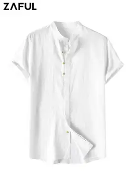 ZAFUL Gömlek Erkekler için Katı Standı Yaka Düğmeleri Kısa Kollu Yüksek Düşük Gömlek Casual Yaz Streetwear Temel Üstleri Z5097424