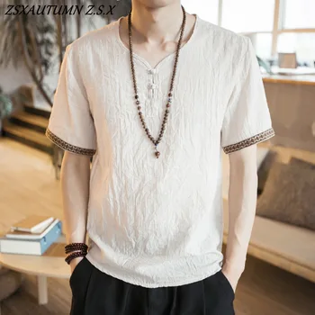 Yaz Erkek Pamuk Keten Bluz Kısa Kollu T Shirt Çin Geleneksel Giysiler Erkek Retro Hanfu Tang Takım Elbise Streetwear Tees Tops