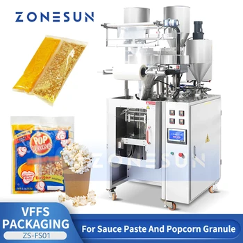 ZONESUN VFFS Patlamış Mısır paketleme makinesi Dikey Form Doldurma Mühür Porsiyon Paketleri Yağ Tuz Kiti Paketleme Ekipmanları Bardak Dolum ZS-FS01