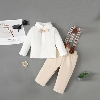 LAPA Erkek Bebek İngiltere Tarzı Uzun kollu papyon Gömlek + Jartiyer Pantolon 2 Adet Set Çocuk Doğum Günü Düğün Takım Elbise Erkek Resmi Elbise
