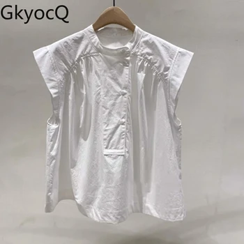 GkyocQ Katı Gevşek Yaz Kolsuz Kadın Üstleri Kore Yeni Rahat Kazak Temelleri Beyaz Elbise O Boyun Zarif Bluz
