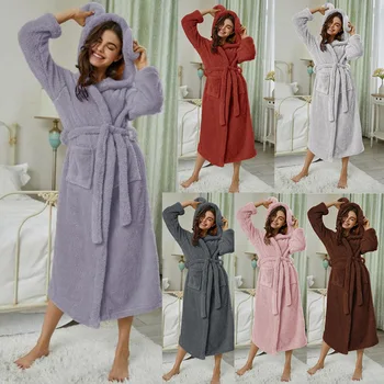 Kış Yeni Sıcak Flanel Bornoz Kadın Pijama Sevimli Kapşonlu Robe Kimono Banyo Elbisesi Gevşek Gecelik Gecelik Kalınlaşmak Gecelik