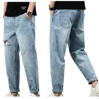 Geniş Bacak Kot Erkekler dökümlü pantolon Düz Gevşek Retro Denim Pantolon Streetwear Delik Kot Boyutu 28-38