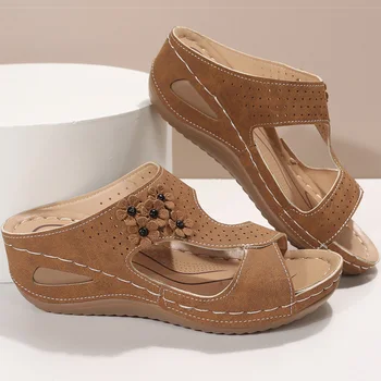 Sandalet Kadın Retro Topuklu Sandalet Yaz Ayakkabı Kadınlar Üzerinde Kayma Kama Sandalias Mujer Yumuşak topuklu terlikler Kapalı Açık