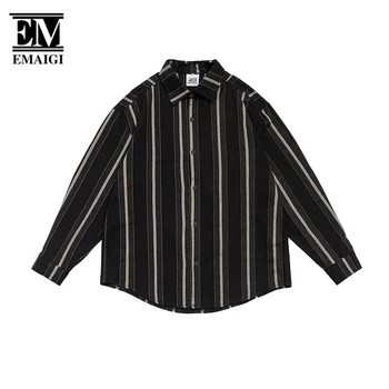 Gömlek Erkekler için Japonya Kore Streetwear Vintage Moda Gevşek Rahat Uzun Kollu çizgili elbise Gömlek Erkek Harajuku Bluzlar