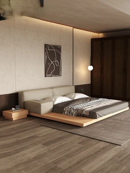 Sessiz rüzgar deri yatak Japon Kısa süper geniş 2 m katı ahşap yumuşak yalın basit kumaş yatak odası mobilyası kapalı