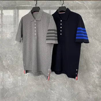 TB THOM polo gömlekler Lüks Marka Klasik 4-bar Çizgili erkek tişört 2023 Yaz O-boyun Patchwork Kısa kollu polo tişört
