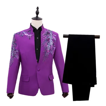Erkek Takım Elbise 2 Adet Aplike Sequins Elmas Standı Yaka Beyefendi Damat Smokin Özelleştirilmiş En Iyi Erkek Iş Blazer
