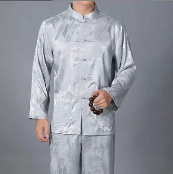 Toptan Yeni Çin Traditiona Erkekler İpek Saten Kung Fu Takım Tang Takım Elbise Setleri Uzun Kollu Ceket Pantolon Ejderha Wu Shu Tai Chi Setleri