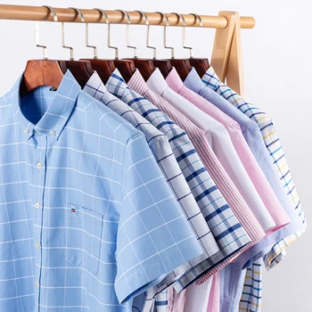 Pamuk Erkekler Oxford Kısa Kollu gömlek Yaz Mavi Ekose Gömlek Erkekler Çizgili Erkek Giysileri Iş Düzenli Fit Büyük Boy