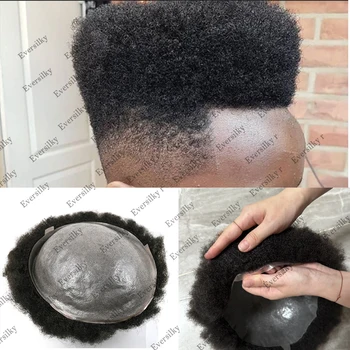 4mm Afro Kıvırcık Peruk Siyah Erkekler İçin Jet Siyah Dayanıklı Tam Cilt Saç Sistemi Saç Parçaları Knot İle Erkek Saç Kılcal Protez