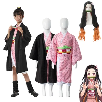 Anime iblis avcısı Kimetsu Hiçbir Yaiba Cosplay Kostüm Peruk Kamado Nezuko Kimono Kostüm Üniforma Cadılar Bayramı parti giysileri Çocuk için