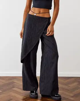 Kadın Gevşek Geniş Bacak Pantolon Düzensiz Çizgili Baskı Rahat Etek Pantolon Çalışma Ofisi Streetwear Moda Sonbahar Bahar Giysileri