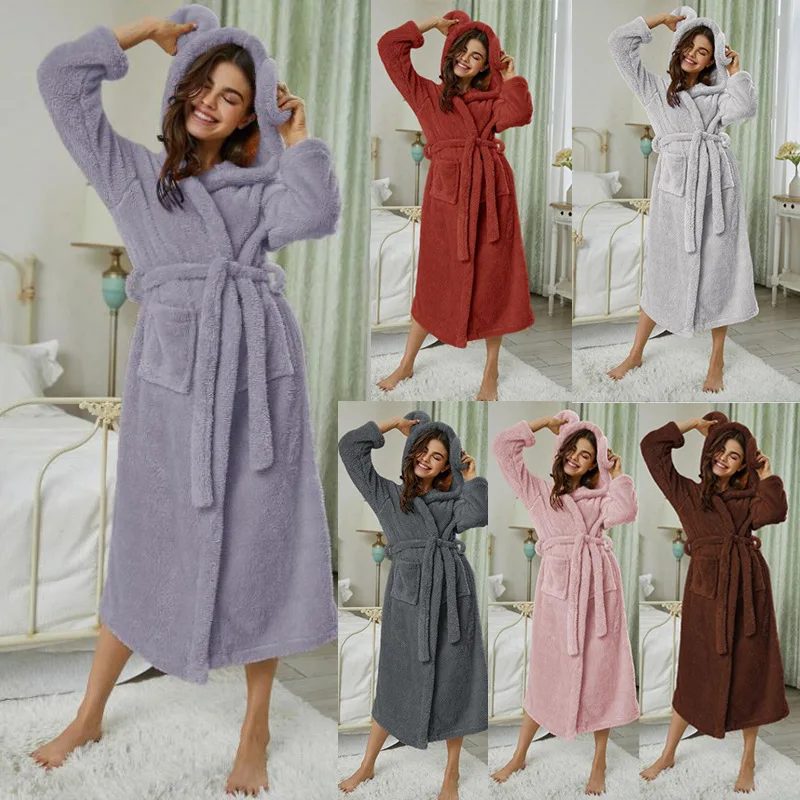 Kış Yeni Sıcak Flanel Bornoz Kadın Pijama Sevimli Kapşonlu Robe Kimono Banyo Elbisesi Gevşek Gecelik Gecelik Kalınlaşmak Gecelik . ' - ' . 0