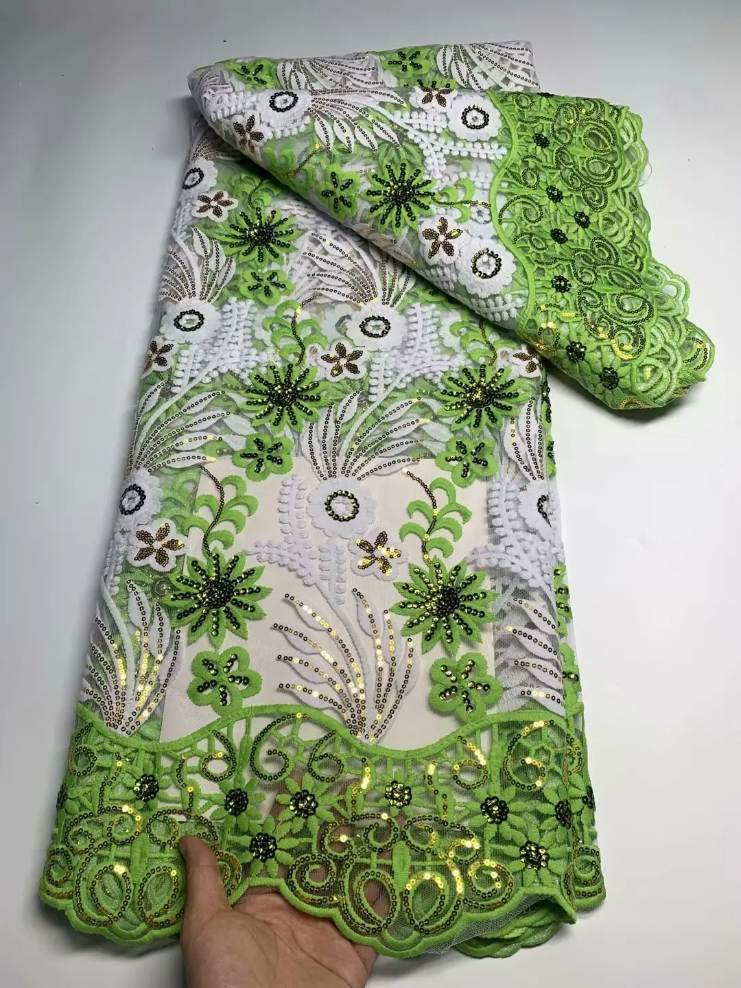 Lüks Afrika Dantel Kumaş 2023 son yeşil beyaz Hint sari kumaş Yüksek kalite tül pullu dantel kumaş düğün elbisesi . ' - ' . 0