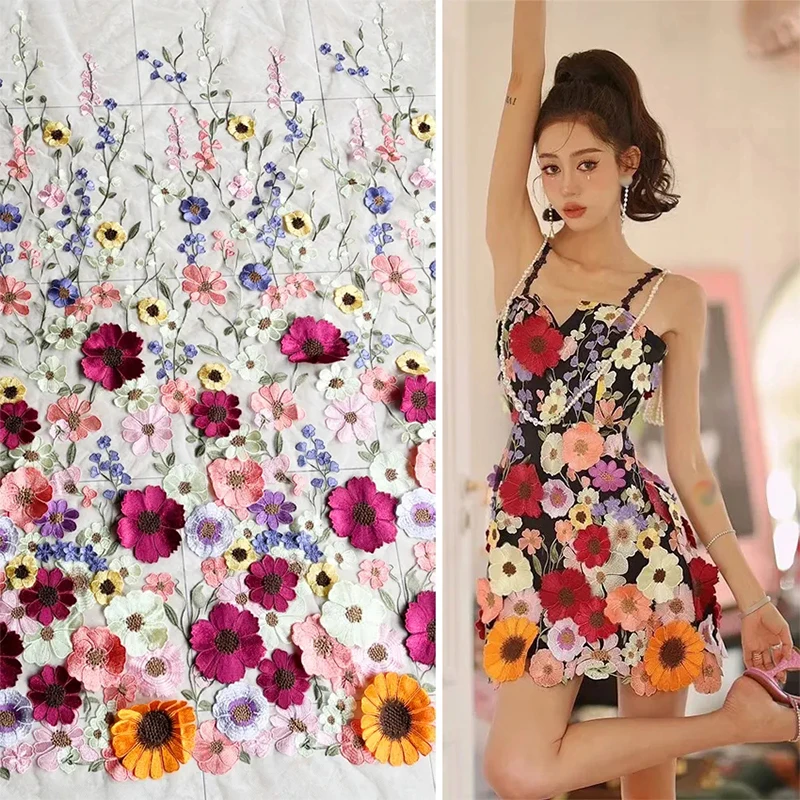 1 Yard Lüks 3D Çiçek İşlemeli Örgü Dantel Kumaş Şık Ayçiçeği Nakış Tül dikiş kumaşı düğün elbisesi Cheongsam . ' - ' . 1